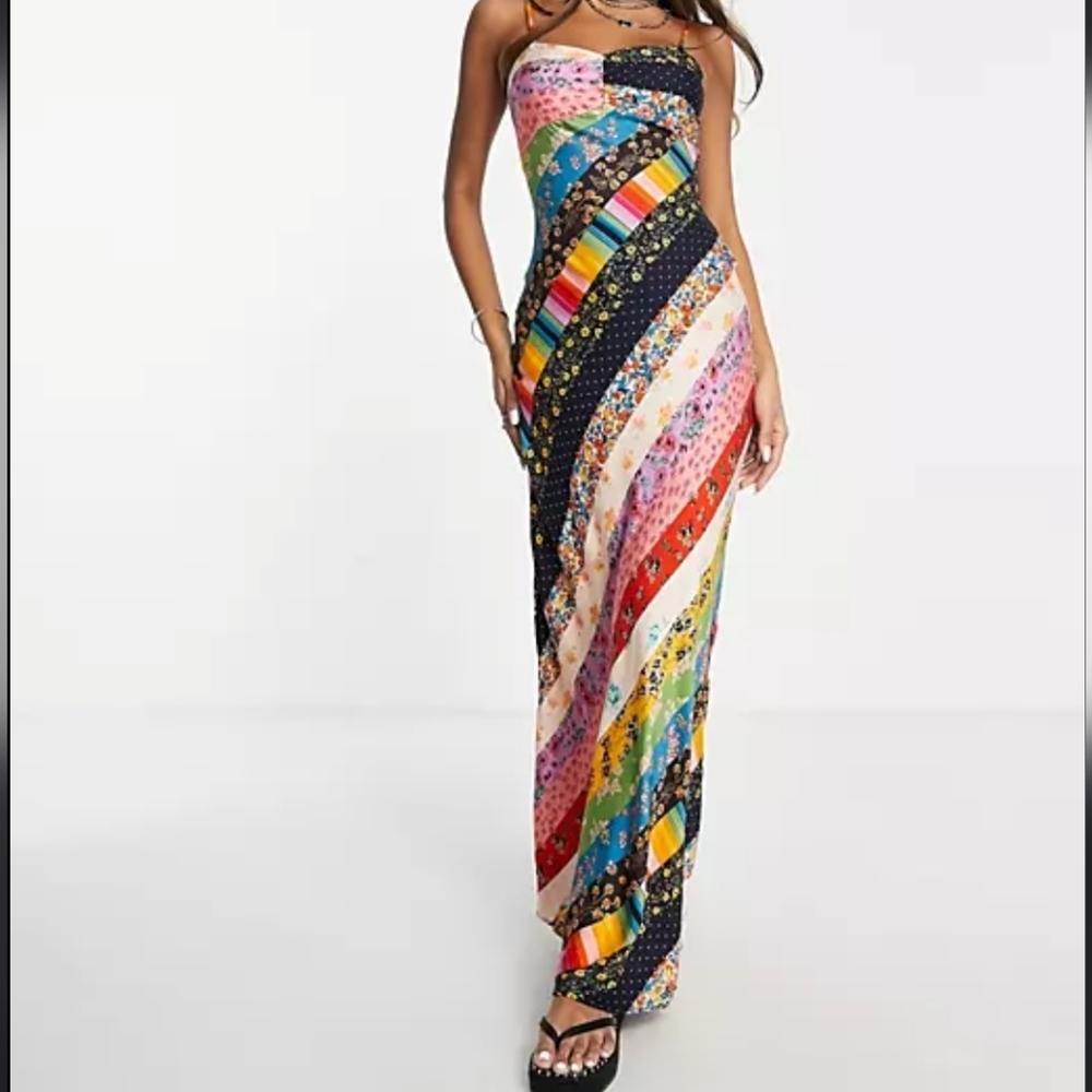 NWT Free People Fiona Maxi Dress Confetti Combo Size LG Missing Back Tie